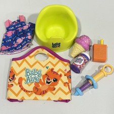 Baby Alive Accessory Lot Tiger Diaper Bag, Green Potty, Ice Cream, Dress, Juice