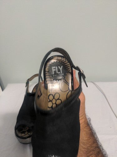 Fly London Yile Wedges Peep Toe Sandal Leather Black Silver Sole 6.5 - Picture 9 of 11