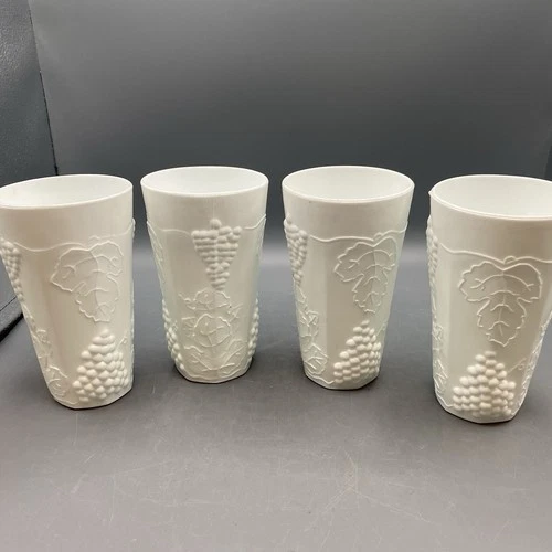 Set Of 4 Vintage Indiana Glass Harvest Grape Milk Glass Tumblers – 6” Tall