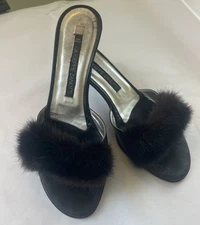 Giuseppe Zanotti Black Leather Kitten Heel Slides With Mink Fur ~Sz. 37/7