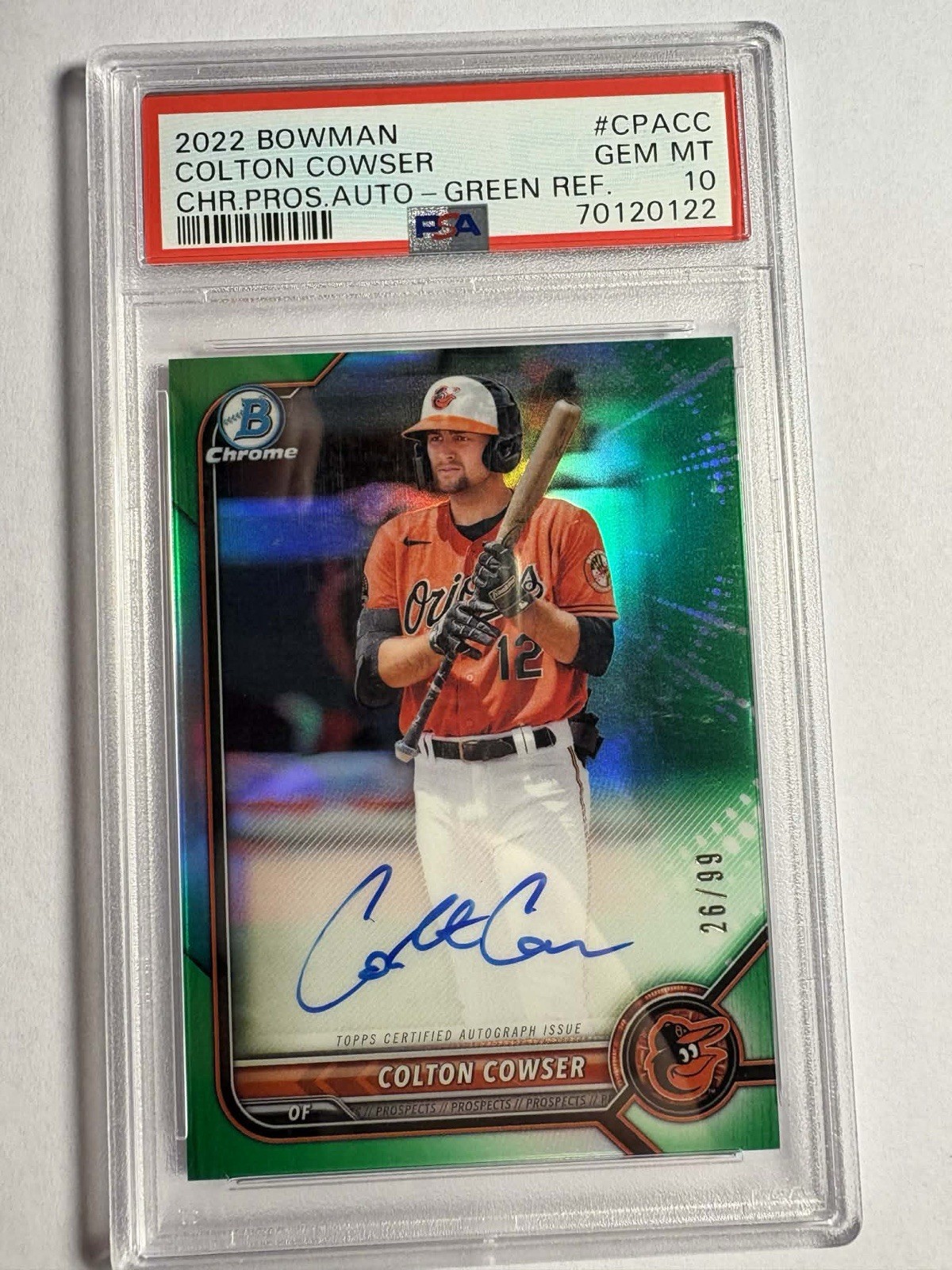 2022 Bowman Chrome Colton Cowser Chrome Auto Green Refractor /99 PSA 10 #CPA-CC