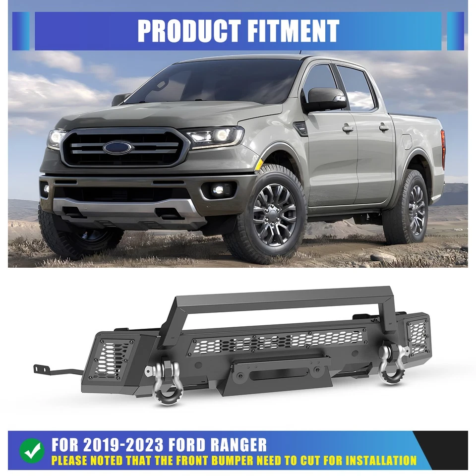 Heavy Duty Steel Front Bumper+Winch Plate+2*D-Rings For 2019-2023 Ford Ranger Foto 2 de 4