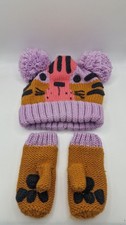 NEXT Pom Double Bobble Hat Girls 3-4yrs Mittens Winter Cat VGC