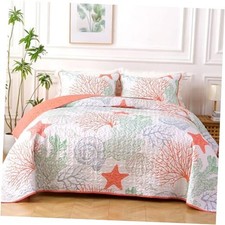 Coastal Quilt Set Size, 3 Pieces Quilt Bedding Set with 2 Pillow Queen Coral