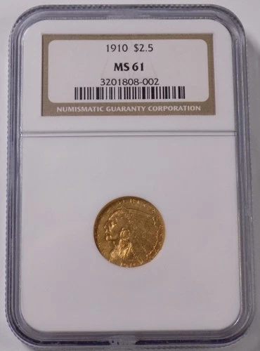 1910 $2 1/2 Indian quarter eagle gold coin NGC MS 61