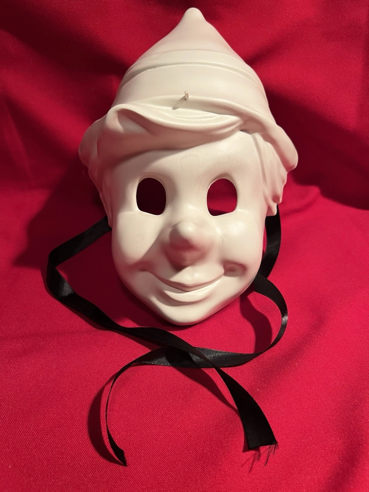 Pinocchio Mask,Made in Italy,Hard Plastic,White,Black Satin Mask Strings,1990s