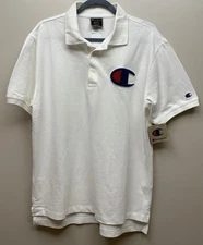 NEW Champion Pique Chenille C Logo Men’s White Short Sleeve Polo Shirt Sz M