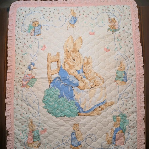 Vintage Tale Peter Rabbit Beatrix Potter Nursery Baby Pink Ruffle Quilt Blanket 