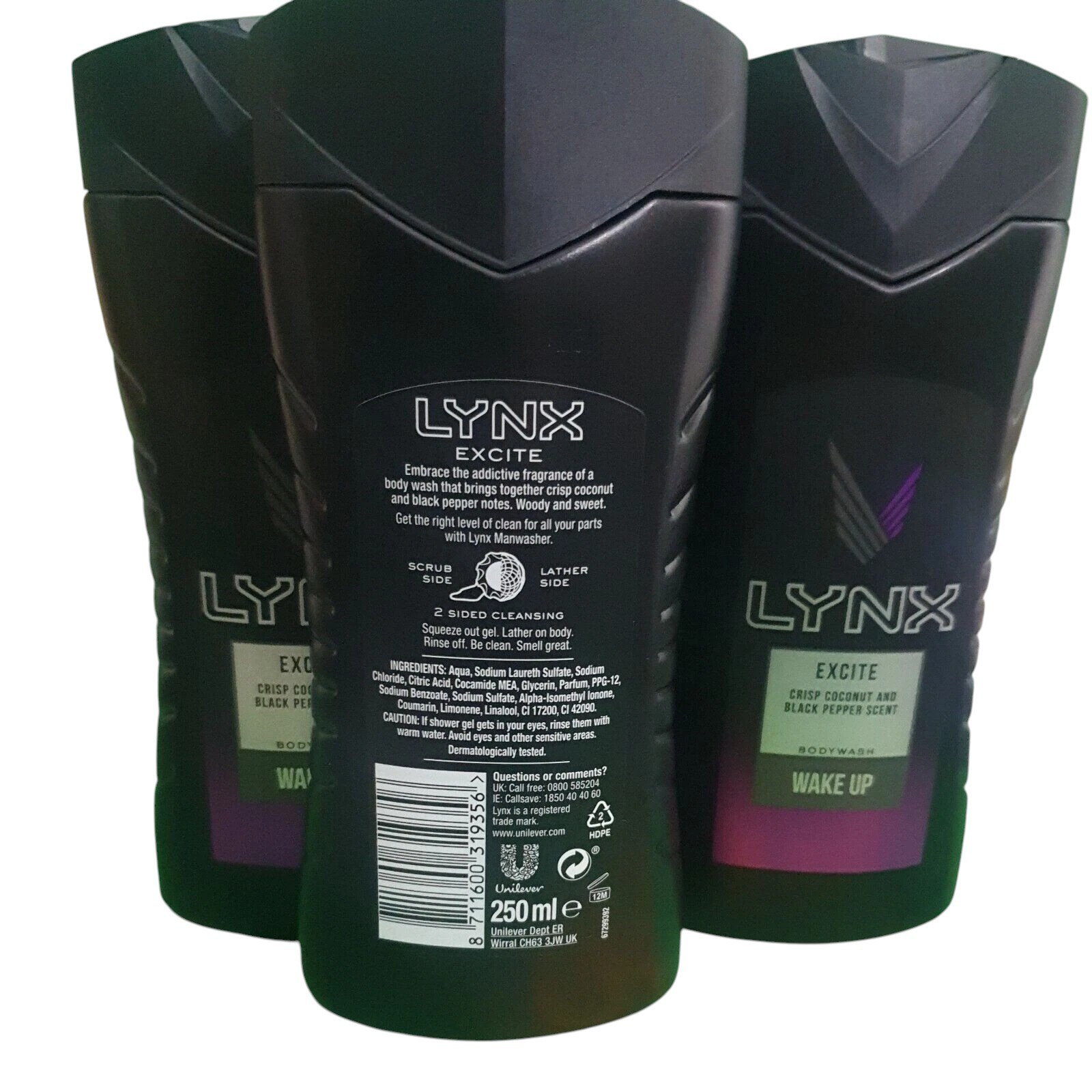 Lynx Excite Revitalising Bath Body Wash Mens Shower Gel 250ml 3 Pack  for men