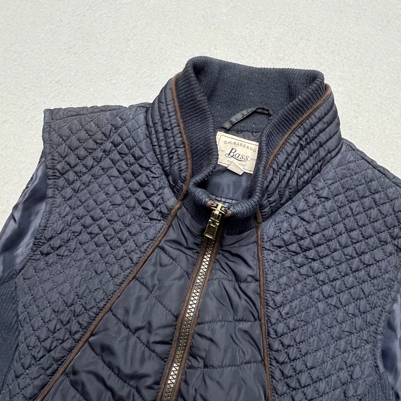 GH Bass & Co Mens Navy Blue Quilted Mixed Media Full Zip Mock Neck Vest Large