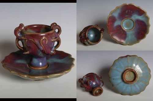 Traditionelle Keramik Kelch Tasse Untertasse Handarbeit China Antik W3 Zoll