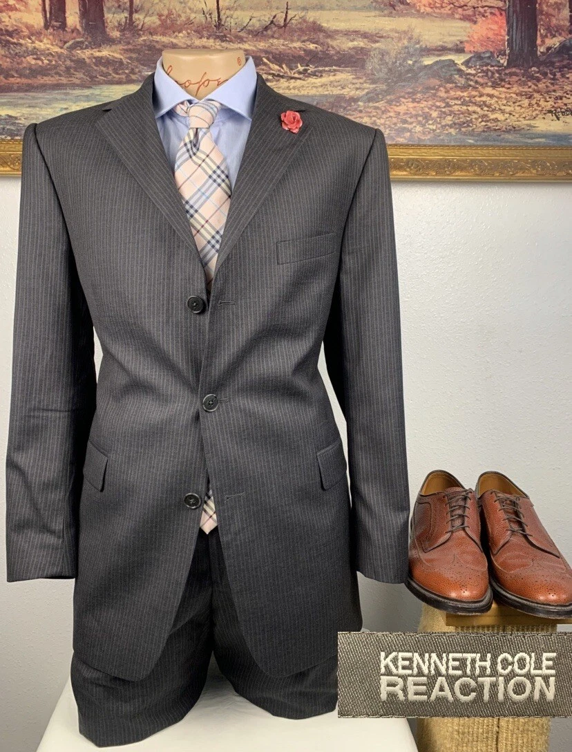 40L Mens Kenneth Cole Reaction 2 Piece Suit 100 Wool Pants 38 30 Slim Fit