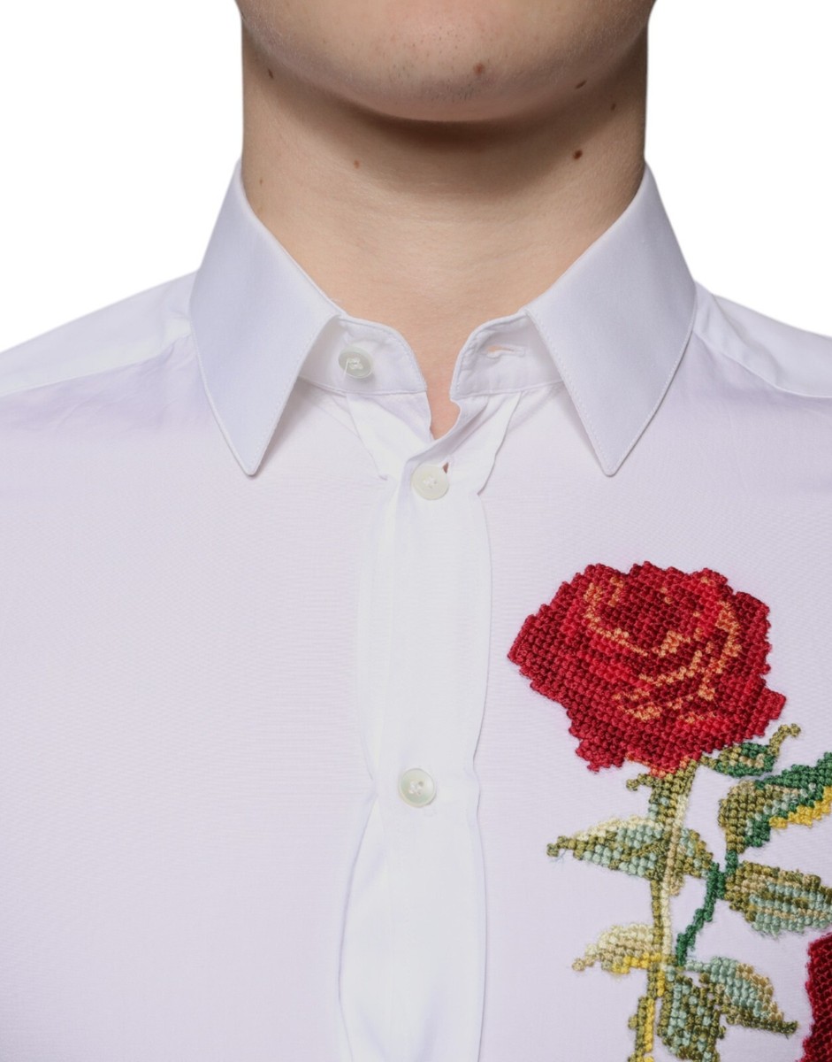 DOLCE & GABBANA Shirt White Floral Embroidery GOLD Men Dress