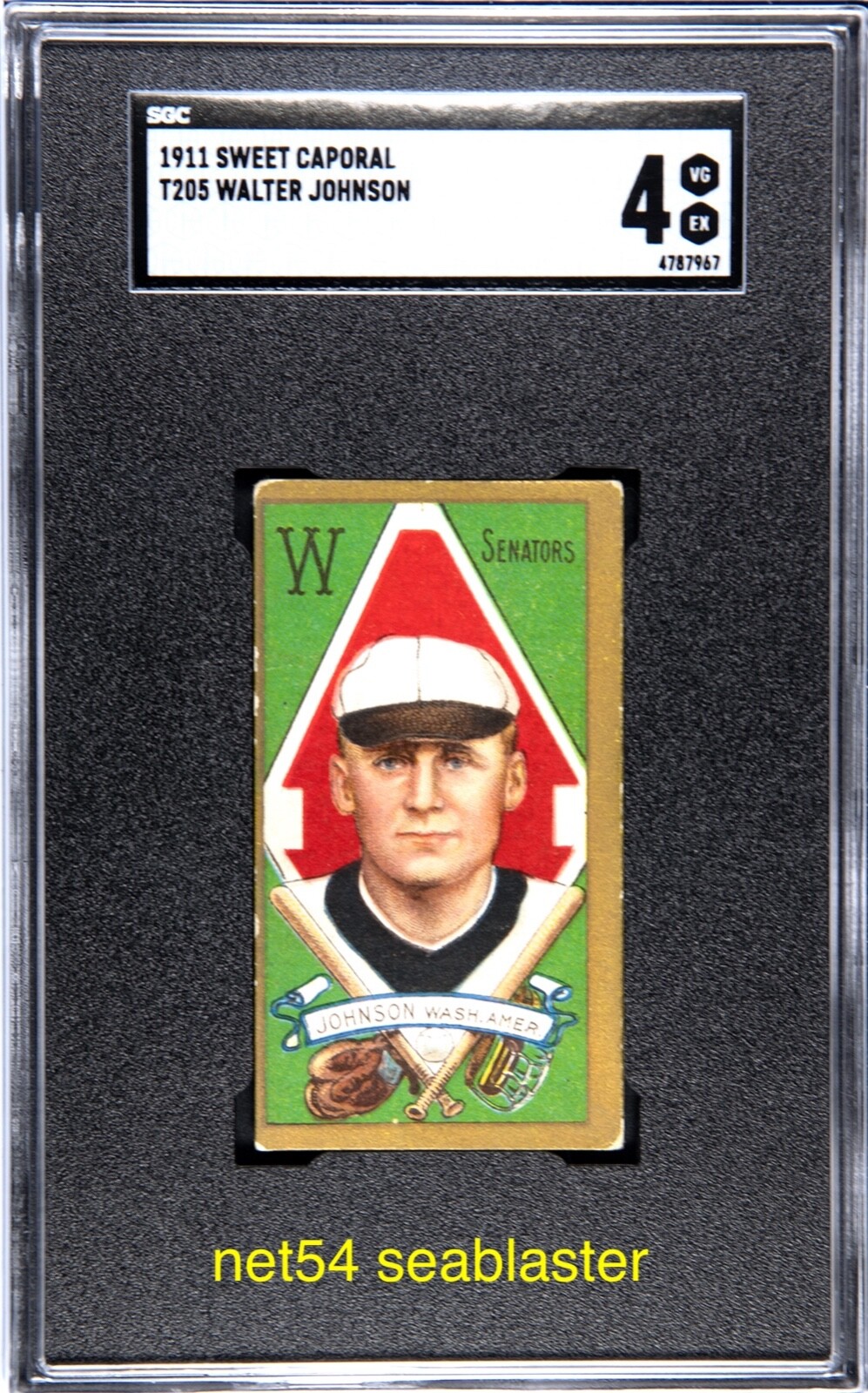 1911 T205 SWEET CAPORAL Walter Johnson SGC 4 VG-EX Washington HOF "Big Train"
