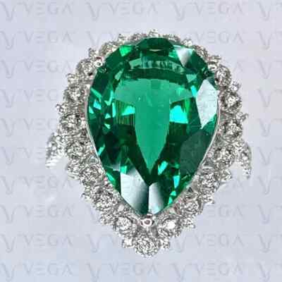 6. ct Pear Cut Green Natural Emerald Gemstones Diamond Ring Real 14K White Gold