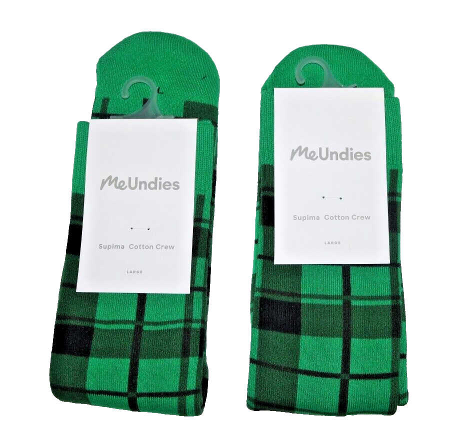 MeUndies Supima cotton green plaid Large crew socks NEW UNISEX two pairs