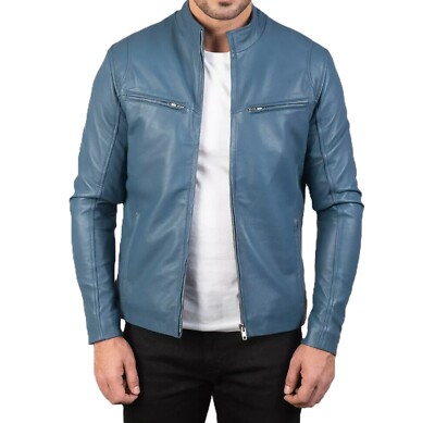 Men's 100% Genuine Lambskin Leather Cafe Racer Blue Jacket Fashion Biker Jacket