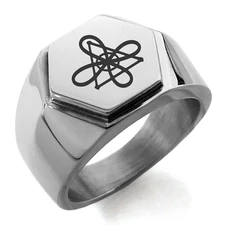 Stainless Steel Reiki Gnosa Connection Mens Hexagon Crest Signet Ring