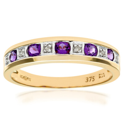 Ewigkeitsring 9 kt Gelbgold Amethyst und Diamant UK punziert Größe H-V