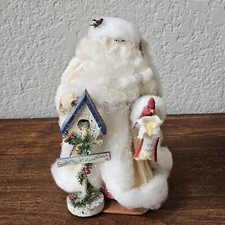Christmas Vintage  Nan's 90’s  Santa Claus Corn Husk Doll With Bird Birdhouse