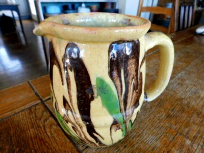 Vintage Primitive Jaspe Pottery Pitcher-FRENCH FOLK ART-Slipware Design-19thc