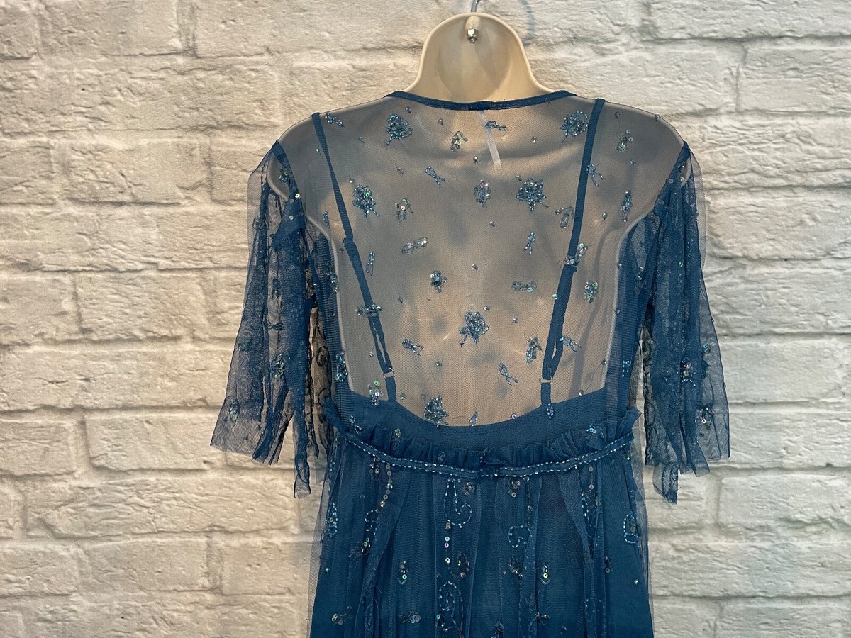 FREE PEOPLE Womens Blue Sascha Sequin Beaded Mesh Slip Maxi Dress Size 2 |  eBay