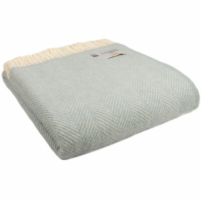 TWEEDMILL TEXTILIEN KNIETEPPICH 100% Wolle Sofadecke FISHBONE DUCK EGG BLAU CREME