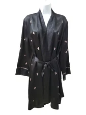 Morgan Taylor Intimates Black Satin Short Kimono Robe Pink Roses Womens Large
