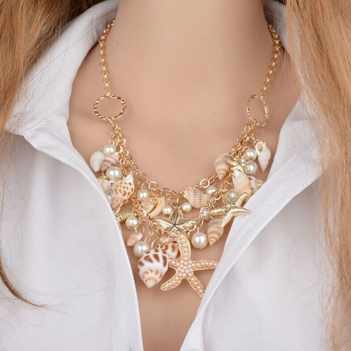 Mermaid Ocean Shells Beach Starfish Sea Pearls Statement Necklace - Picture 5 of 8