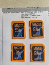 QTY 4 SANDISK 128G SD CARDS: OUTDOORS FHD V10, BRAND NEW, UNUSED, OPENED PACKAGE