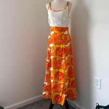 Vintage Orange Floral Summer Maxi Dress Size M