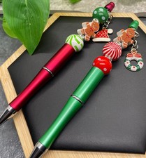 2 PC Handmade Wood Bead Rhinestone Black Ink Pen Set Cat Christmas New B773