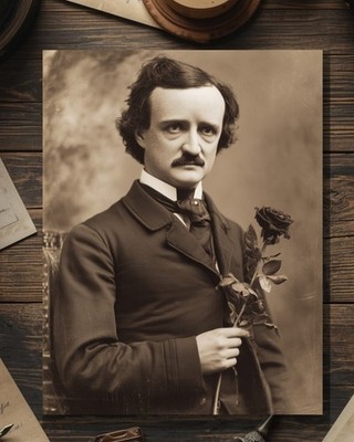 Vintage Victorian Edgar Allan Poe Rose Card Gothic Dark Humor Antique Style