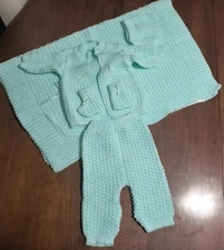 Hand Crochet Baby Blanket, Hat, Sweater Booties Green seafoam Green Made In Mex