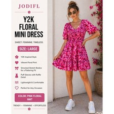 246-Jodifl Floral Smocked Mini Dress Large Pink Puff Sleeve Babydoll Y2K Boho 