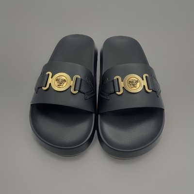 Versace Slides Vitello Black And Gold Size EU 41 US8 $490 Retail