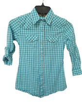 Wrangler Girls S Long Sleeve Pearl Snap Shirt Blue Gingham Check Roll Tab Slv