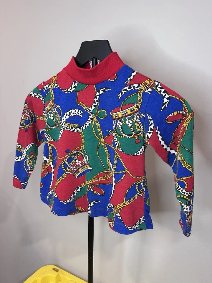 Camisa de punto pulóver vintage Jet Set L/S niños talla S (4) coronas de eslabones de cadena AOP Foto 2 de 4