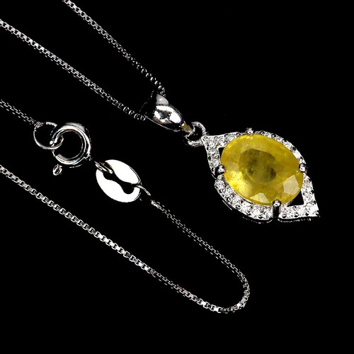 925 Argento Sterling Collana Ovale Giallo Zaffiro 9x7mm Gemma Gioielli 45.7cm - Foto 2 di 13