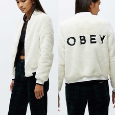 Obey Le Seine Jacket Faux Fur Bomber Size M Logo Embroidery Bone New