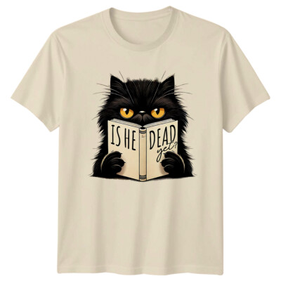 Lustiges T-Shirt schwarze Katze ist er noch tot, Lesebuch, sarkastisches Kätzchen