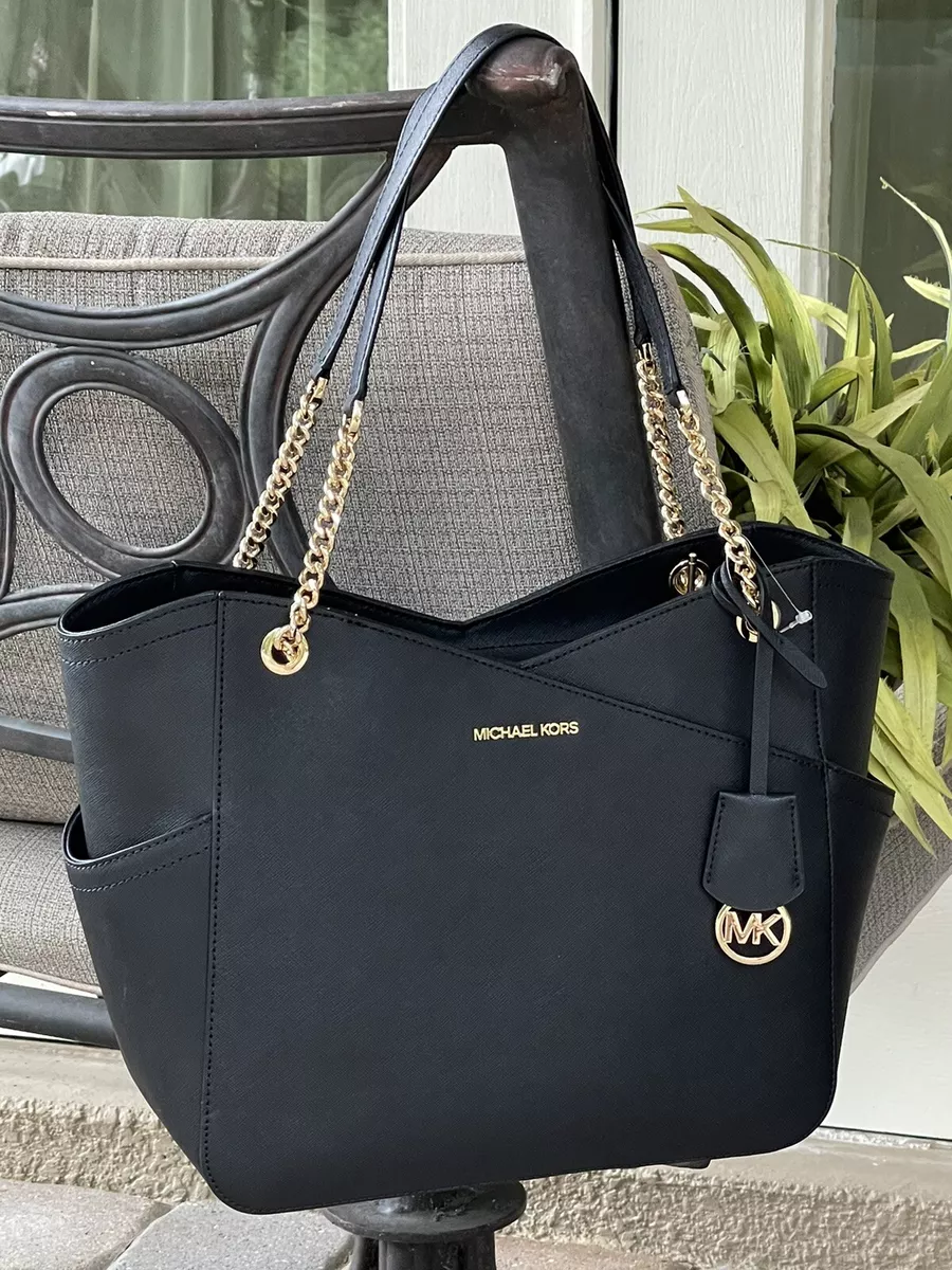 MICHAEL KORS JET SET TRAVEL LARGE X CHAIN SHOULDER TOTE BAG BLACK LEATHER  GOLD