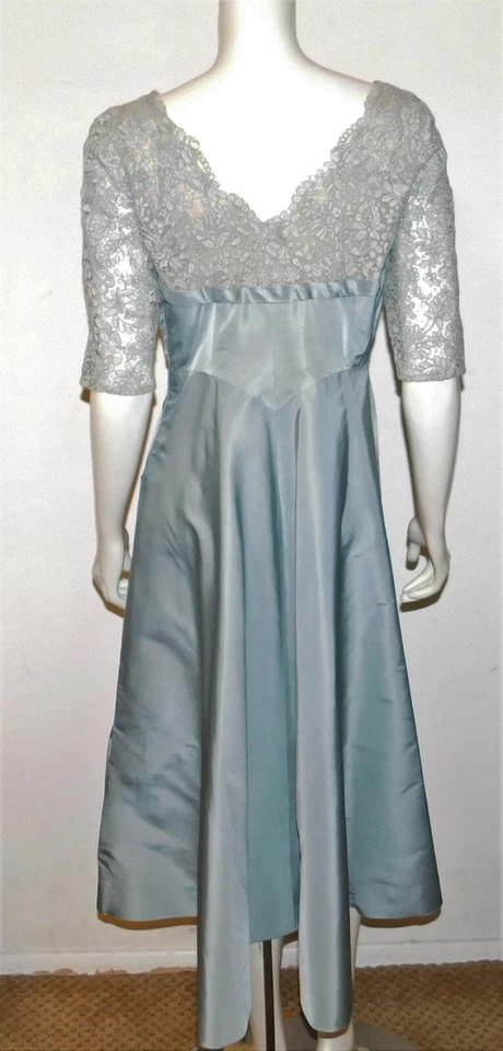 Vestido Vintage Años 50 Azul Satinado y Encaje 6 8 M Neiman Marcus Falda Completa Foto 3 de 4