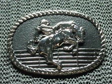 WESTERN BUCKING BRONCO LEATHER INSERT COWBOY BELT BUCKLE VINTAGE RARE 1980s