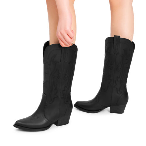 Women Western Mid Calf Boots Pointed Toe Low Heel Cowboy Cowgirls Boots - Picture 8 of 58