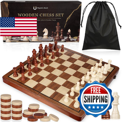 2 in 1 Wooden Chess and Checkers Set - Folding Magnetic Chess Board with Storage