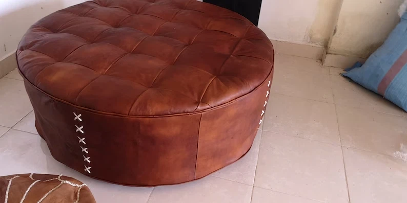 Leather Pouf Unstuffe Round Moroccan Footstool Boho Handcrafted Pouffe - Image 3 of 4