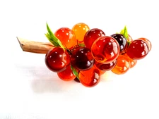 Vintage Extra Laarge MCM Amber Lucite Grapes w/ Driftwood & Leaves 11 1/2" Decor