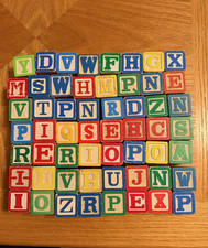 Lot of 56 Vintage Wooden Children's Building Blocks Letters, Numbers, Pictures