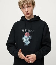 ALL SAINTS Men's Risen New Rose Pullover Hoodie in Black Organic Cotton Size S